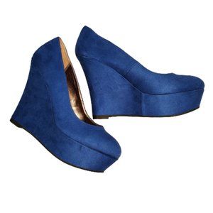 NWT Madden Girl Rockon Blue Faux Suede Platform Wedge Round Toe Heel Shoes Sz 9